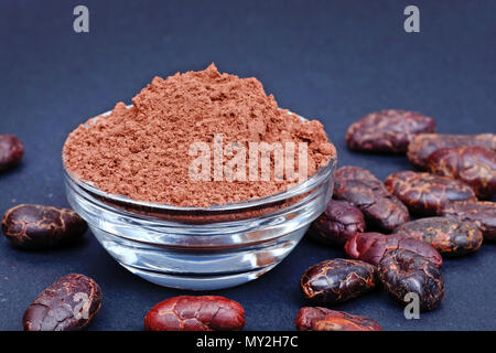 Close up of cacao powder in a bowl and beans on blue background Stock Photo