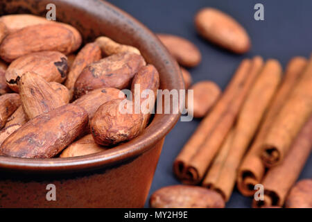 Cacao beans in a cup and cinnamons on blue background closeup Stock Photo