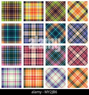 Plaid patterns collection, 16 seamless tartan patterns in various orientation Stock Vector