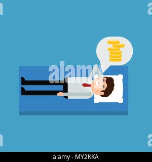 Businessman lying on a bed thinking about money, vector illustration on a blue background Stock Vector