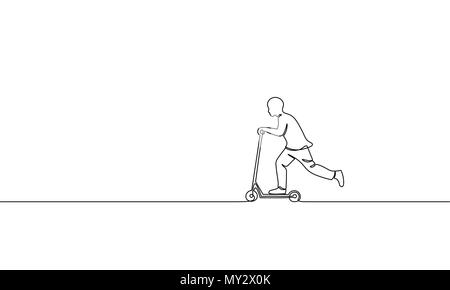 Single continuous one line art boy riding scooter. Kids sport activity hobby holiday school recreation fun concept childhood outdoor design sketch outline drawing vector illustration Stock Vector