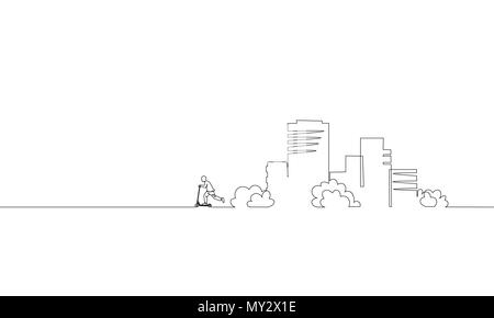 Single continuous one line art city building riding scooter. Architecture construction house urban apartment cityscape concept design sketch outline drawing vector illustration