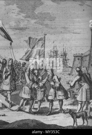 . English: James Stuart, the Old Pretender, sets foot on Scottish soil at Peterhead, 22nd Dec. 1715 . 17 January 2012. Unknown 522 The Old Pretender lands in Scotland, 1715 Stock Photo