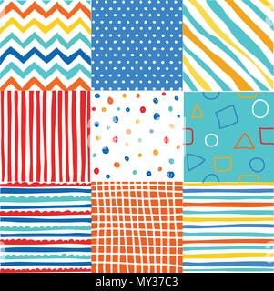 Cute set of kids seamless patterns with fabric textures Stock Vector