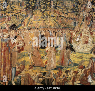 . Tapestry depicting a ball held by Catherine de' Medici at the Tuileries Palace, Paris, in 1573 in honour of Polish envoys visiting to present the throne of Poland to her son Henry, Duke of Anjou, the future Henry III of France. The tapestry is one of a series, known as the 'Valois Tapestries', celebrating the court festivals or 'magnificences' of Catherine de' Medici. The costumes in the tapestry date to no later than about 1580.. Designed at least in part by Antoine Caron, some of whose preliminary drawings have survived. 545 Valois Tapestry 2 Stock Photo
