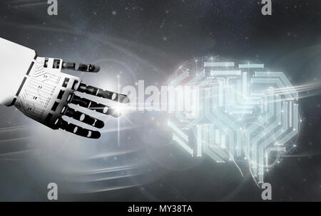 Robot hand reaching towards circuit brain Stock Photo