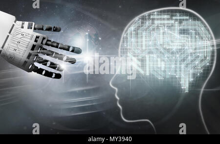 Robot hand reaching towards brain made of circuits Stock Photo
