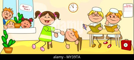 Girl doing massage. Examination on the courses on massage. School of massage, exam. Cartoon children in massage classes. Stock Vector