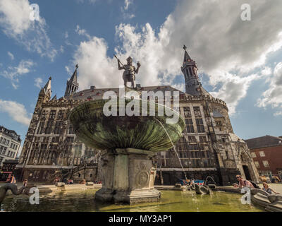 AACHEN, GERMANY - MAY 31, 2018. Market Square (Marktplatz) with old fountain, medieval buildings and people in Aachen. Germany Stock Photo