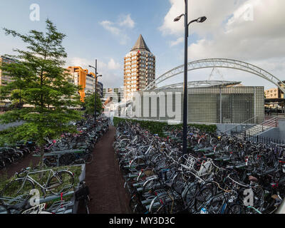 ROTTERDAM, NETHERLANDS - MAY 31, 2018: Exterior view of the Market Hall a residential and office building. Bicycle parking in Rotterdam.