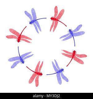 Blue Stilized Red Blue Dragonfly Frame. Insect Logo Design. Aeschna Viridls Stock Vector