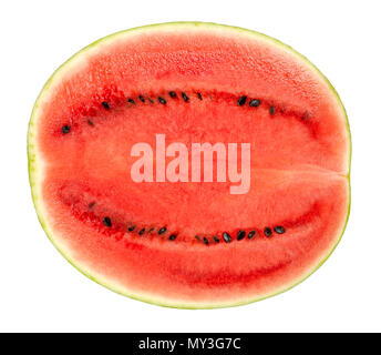 Sweet watermelon half, cross section, front view, isolated on white background. Ripe fruit of Citrullus lanatus with green striped skin, red pulp. Stock Photo