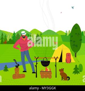 Camping in forest Stock Vector