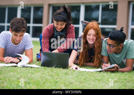 College students studying together outdoors Stock Photo