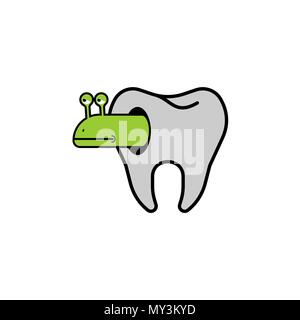 Tooth and worm with hole. Microbes sick tooth. Caries and pulpitis Toothache Vector illustration Stock Vector