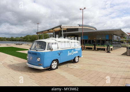 Old VW camper van converted to an ice cream kiosk; Rushden Lakes, Northamptonshire, UK Stock Photo