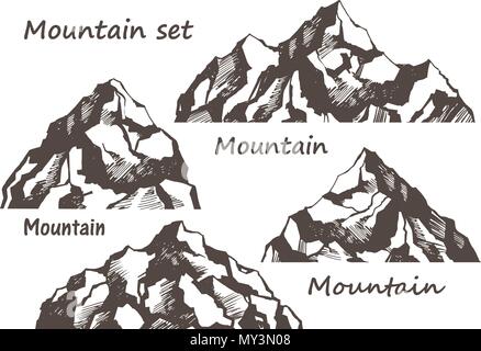 Set of stone rocks. Piece of cliff. In style of contour engraving ...