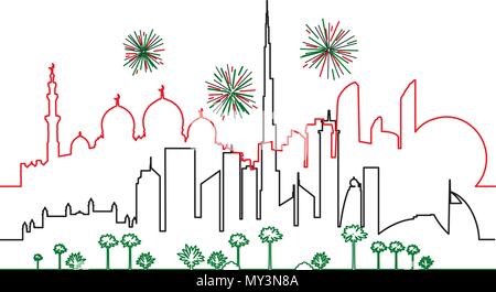 Fireworks in Dubai and Abu-Dhabi cities in national flag colors lines drawings vector illustration. Cityscapes with skyscrapers and UAE landmarks. Stock Vector