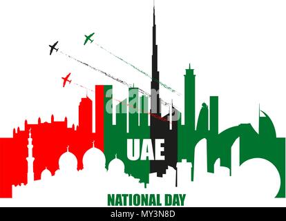 UAE National Day poster with landmarks, skyscrapers silhouettes and planes performing aerobatics in national flag colors vector illustration. Dubai an Stock Vector