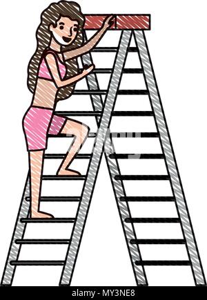 woman climbing stepladder with swimsuit character Stock Vector