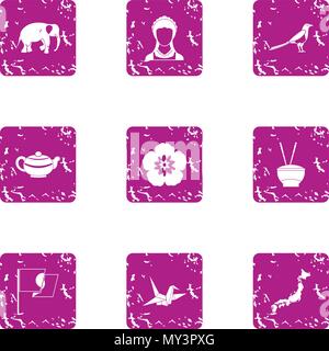 Asia leitmotive icons set, grunge style Stock Vector