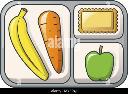 Banana, apple and carrot on tray icon, cartoon style Stock Vector