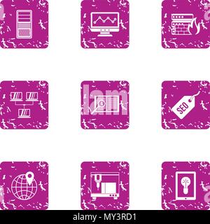 Full server icons set, grunge style Stock Vector