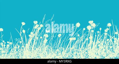 Summer field, illustration of wild flowers, herbs and grasses. Thin lines silhouettes of different plants. Stock Vector