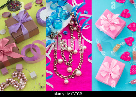 Bright Rich collage promotional Holiday poster. Boxes with gifts Jewelery Pearls Beads Candy Garlands. Flat lay top view Stock Photo