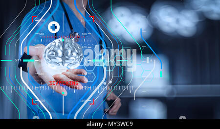 Accurate diagnosis appropriate treatment medical concept.medical  doctor with brain3d meatl in his hands as concept Stock Photo