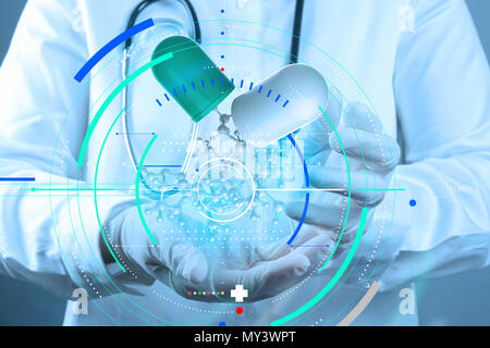 Accurate diagnosis appropriate treatment medical concept.scientist doctor hand holds virtual molecular structure in the lab Stock Photo
