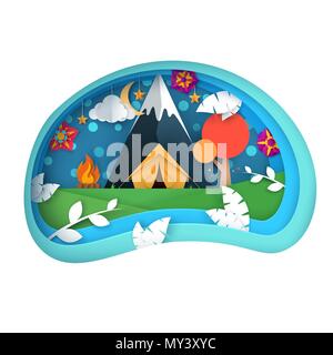 Travel illustration. Cartoon paper landscape. Mountain, tent, cloud, moon. Stock Vector