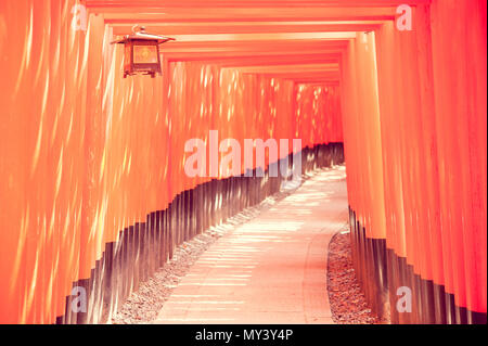 Red door named Torii and lantern hanged in Fushimi Inari shrine, Kyoto, Japan Stock Photo