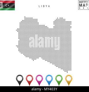 Vector Dotted Map of Libya. Simple Silhouette of Libya. The National Flag of Libya. Set of Multicolored Map Markers Stock Vector