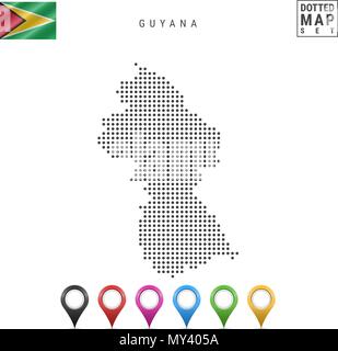 Vector Dotted Map of Guyana. Simple Silhouette of Guyana. The National Flag of Guyana. Set of Multicolored Map Markers Stock Vector