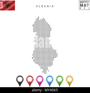 Vector Dotted Map of Albania. Simple Silhouette of Albania. National Flag of Albania. Set of Multicolored Map Markers Stock Vector