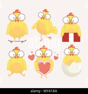 Funny yellow chickens in different poses, vector illustration. Stock Vector