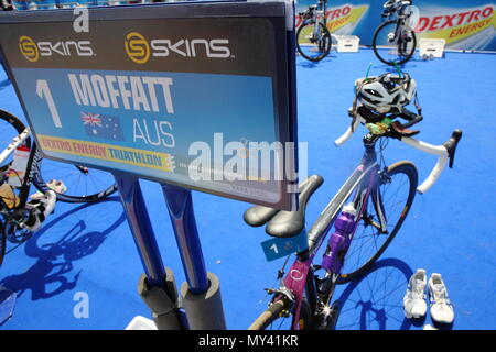 UK - Triathlon - Emma Moffatt AUS transition stage setup at the Dextro Energy ITU World Championship - London, Hyde Park, 2010 Stock Photo