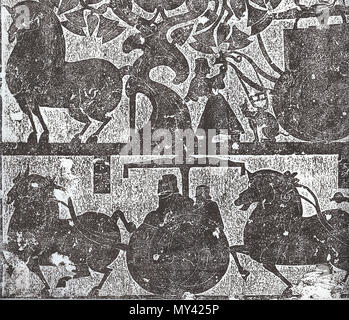 . English: Rubbing detail of chariots and horses in Stone Chamber 1 of the 'Wu Family Shrines' in Shandong Province, China, dated to the 2nd century AD, made during the Eastern Han Dynasty. 2nd century. Anonymous tomb artist 568 Wu Family Shrine chariots and horses Stock Photo