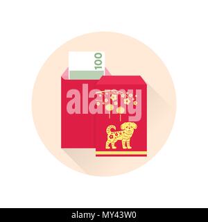 Chinese New Year red envelope flat icon. Vector illustration. Red packet with gold lanterns. Chinese new year design elements. Stock Vector