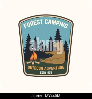 Forest camping. Outdoor adventure. Vector illustration. Concept for shirt or logo, print, stamp or tee. Vintage typography design with bear and campfire silhouette. Stock Vector