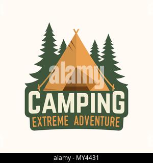 Camping extreme adventure . Vector illustration. Concept for shirt or logo, print, stamp, patch or tee. Vintage typography design with Camper tent and forest silhouette. Stock Vector