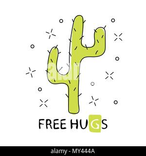 Cactus free hugs. Hand drawn cartoon cactus. vector isolated on white background Stock Vector