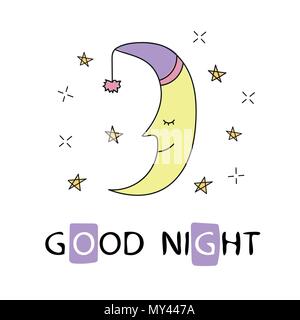 Cute sleeping crescent moon in the night sky. inscription good night Stock Vector