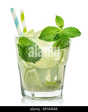Glass of Mojito cocktail or soda drink with lime and mint isolated on white background Stock Photo