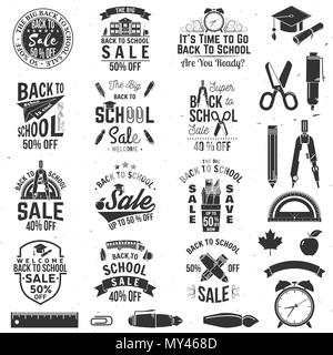 Back to School badges with design elements. For advertising, promotion, poster, flier, blog, article, social media, marketing or banner Vector illustr Stock Vector