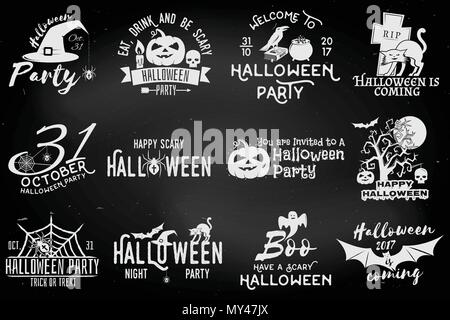 Set of Halloween party concept on the chalkboard. Halloween party retro templates, badges, seals, patches. Concept for shirt or logo, print, stamp. Ty Stock Vector