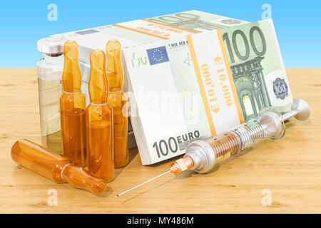 Euro packs with syringe and ampules on the wooden table. 3D rendering isolated on white background Stock Photo