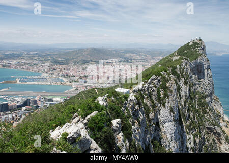 The Rock of Gibraltar and Gibraltar downtown seen from the viewing platform at the top of the cable car station Stock Photo