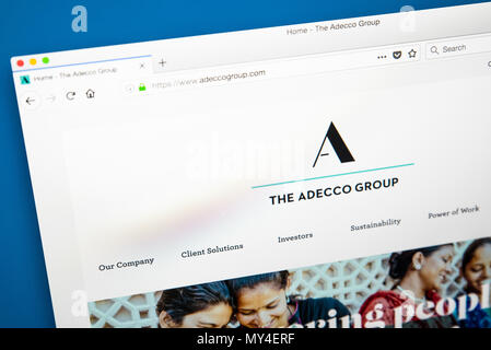 LONDON, UK - MAY 29TH 2018: The homepage of the official website for The Adecco Group - the largest temp staffing company in the world, on 29th May 20 Stock Photo